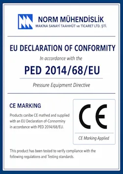 PED 2014/68/EU Basınçlı Ekipmanlar Yönetmeliği Uygunluk Beyanlarımız