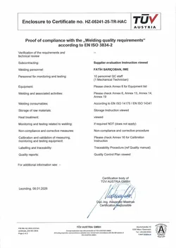ISO 3834-2 Kaynak Kalite Gerekliliklerine Uygunluk Sertifikamız